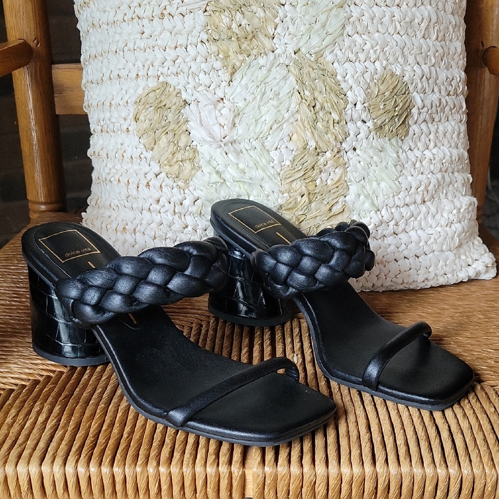 Dolce Vita, round block heel, braided strap, black sandals, size 9.5